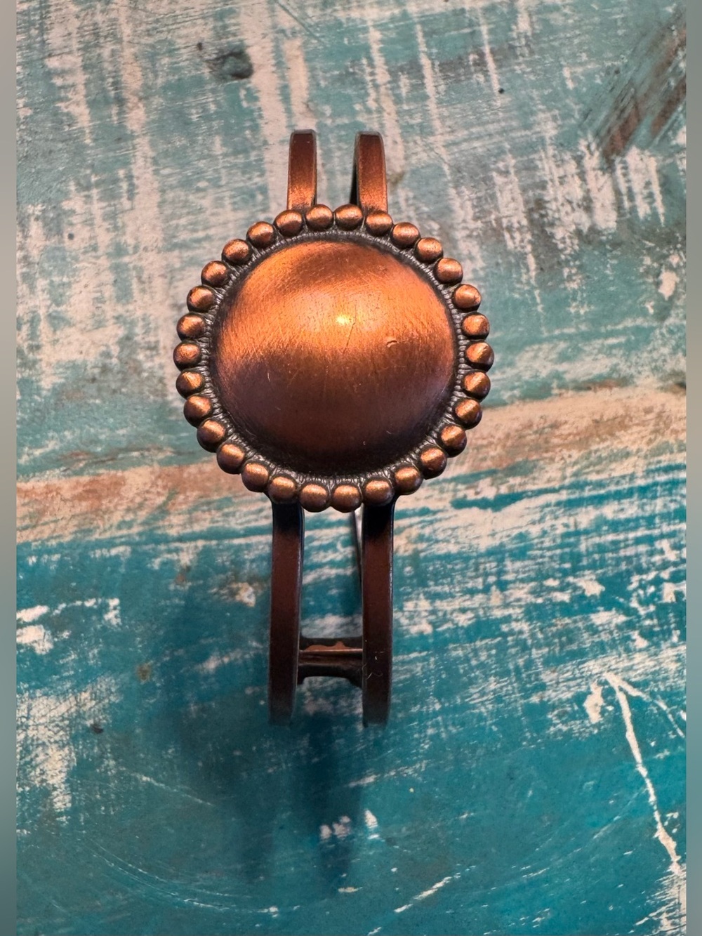 Handcrafted Copper Hinged Cuff Bracelet Raised Center Dome/Bead Trim Boho Retro